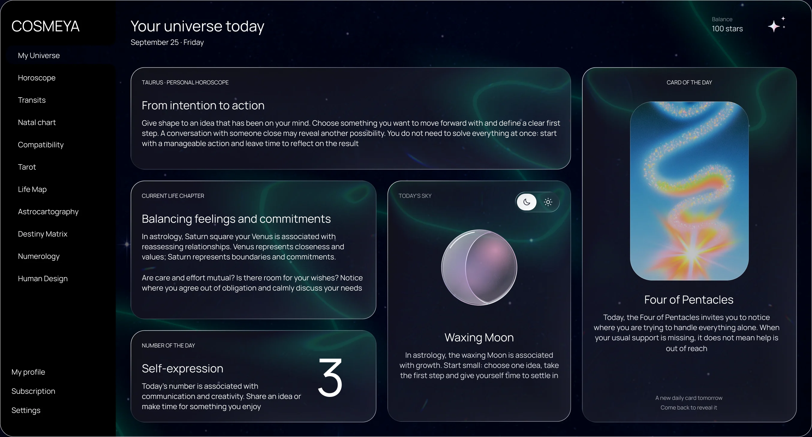 Example of the COSMEYA personal account: daily personal horoscope, current life chapter, number of the day, Moon phase and card of the day