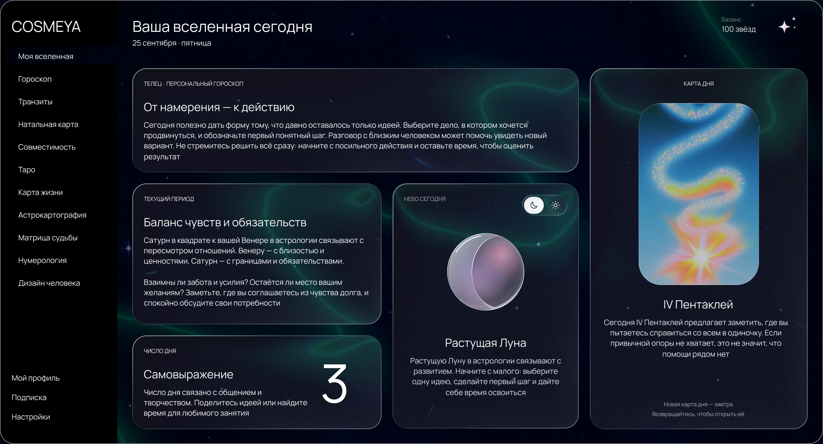 Пример личного кабинета COSMEYA: персональный гороскоп дня, текущий период, число дня, фаза Луны и карта дня